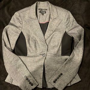 Bebe black and grey jacket, fitted at the waist, single button, pleats, size 6